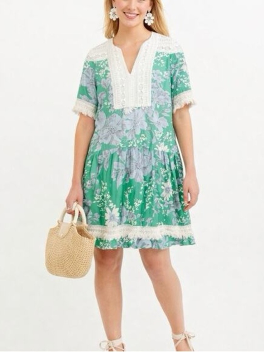 Tuckernuck Pippa Floral Lace Eyelet Mini Dress XS Green Blue Floral